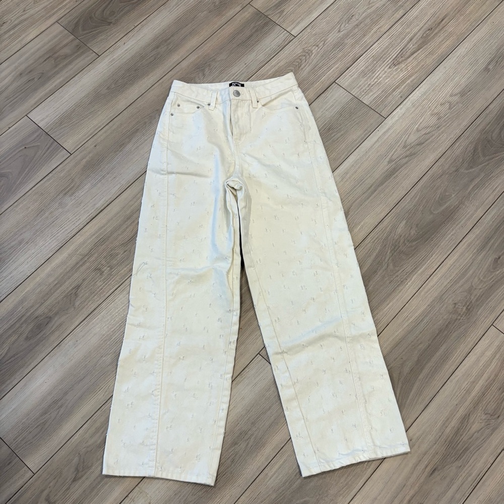 Future Collective White Distressed Wide Leg Jeans Size 2